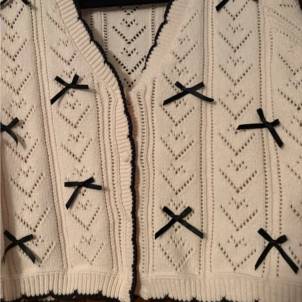 Altar'd State Cece Delicate Bow Cardigan in Ivory and Black Girly Cotton Blend - Picture 6 of 8